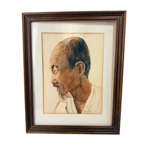 JoAnn Bell Original Watercolor Portrait Painting Framed Asian Man Vintage Art